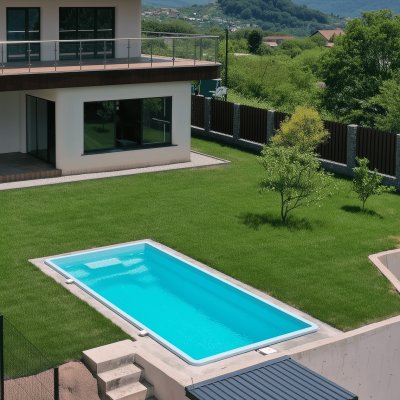 Прямоугольный бассейн с голубой водой у загородного дома и зеленого газона